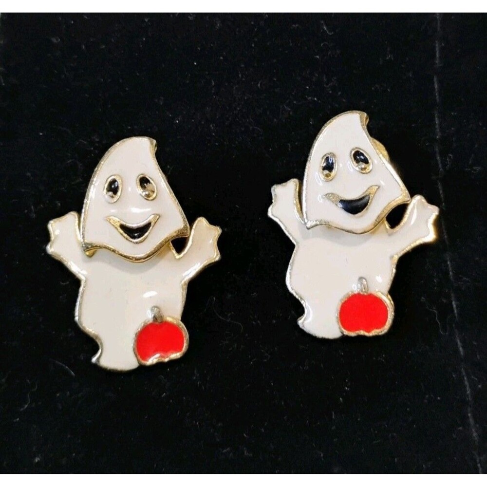 3D Ghost Halloween Earrings Two Piece Front Back Jacket Dangle White Gold Tone